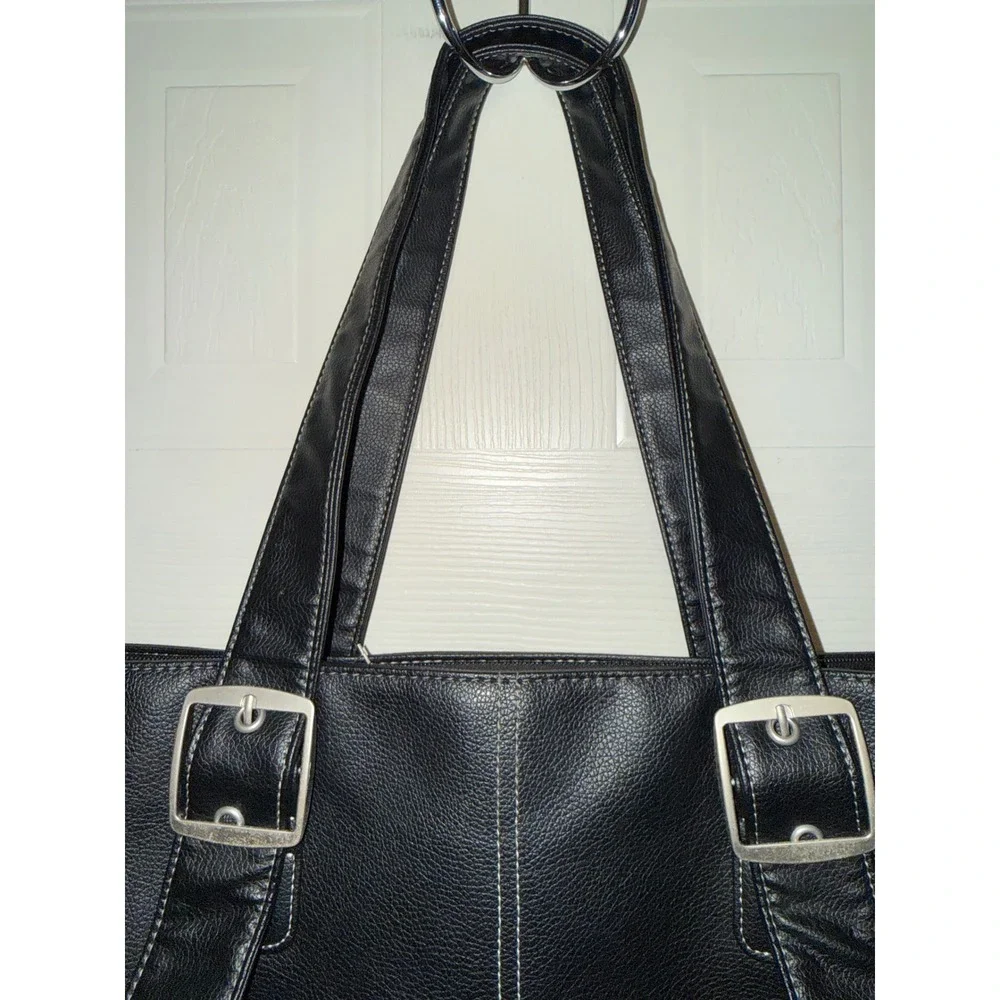 Solo Black Faux Leather Laptop Tote Bag Large Buckle Detail Blue Interior